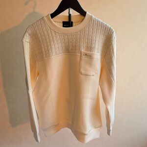 Kiton Cable Knit Panel Crewneck Sweatshirt Cream Ivory Pocket Logo Italy